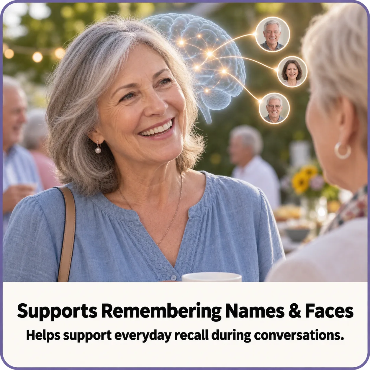 Supports remembering names and faces during everyday conversations