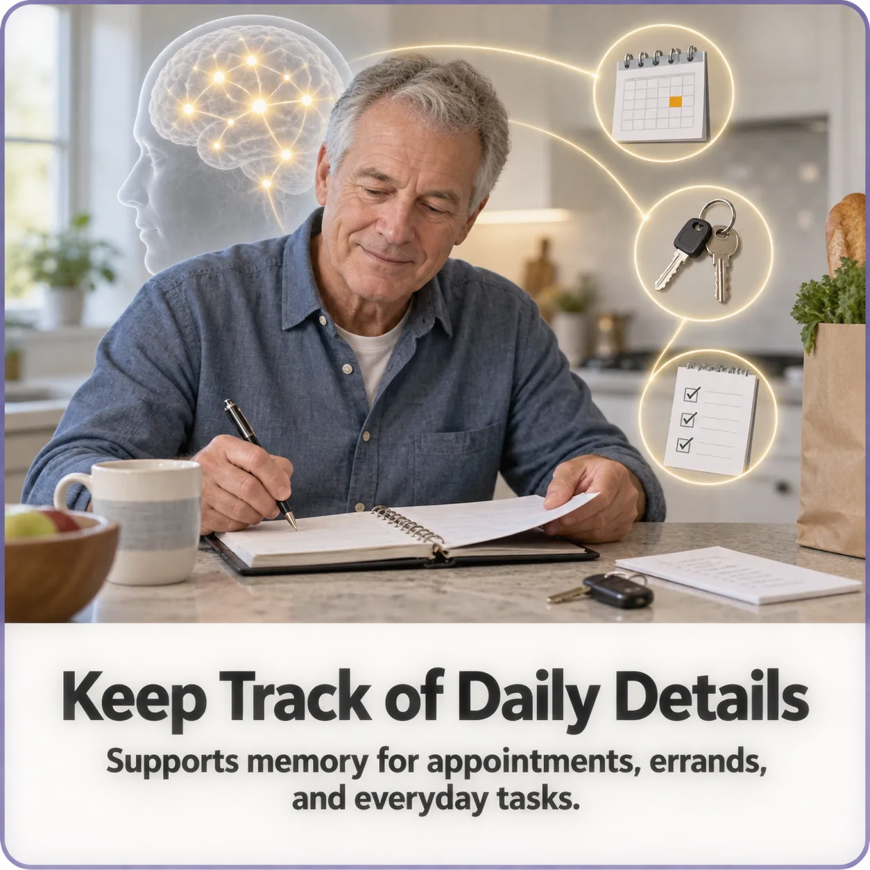 Supports memory for appointments, errands and everyday tasks